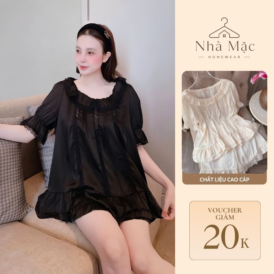 Bộ mặc nhà pijama bộ đồ ngủ pijama cộc tay phối bèo chất lụa cao mềm mịn đùi 3 dòng 0274