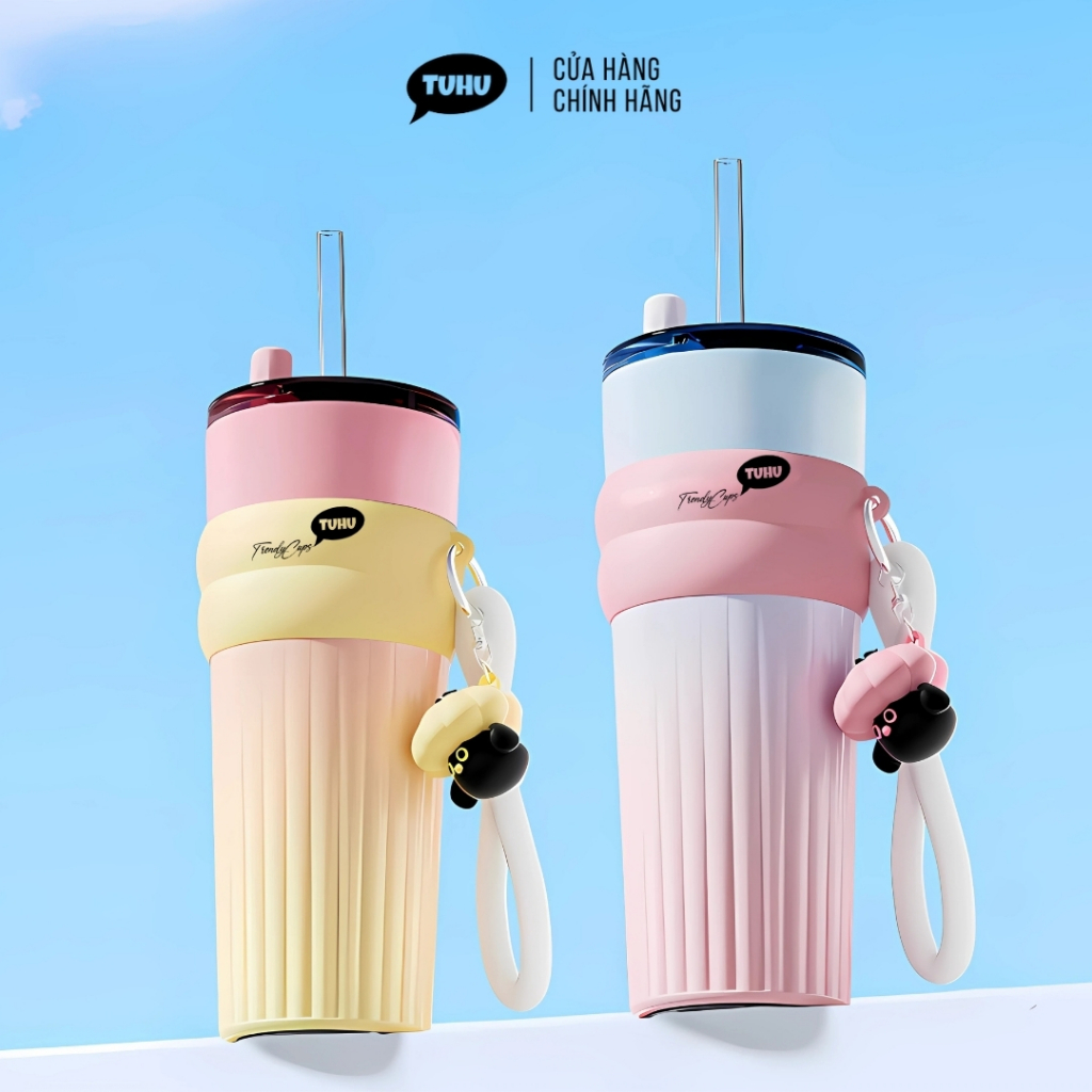 Ly giữ nhiệt khắc tên FUN V3 710ml phủ sứ, cốc giữ nhiệt nóng lạnh inox 316 lót gốm có ống hút thuỷ tinh  - TUHUHOUSE