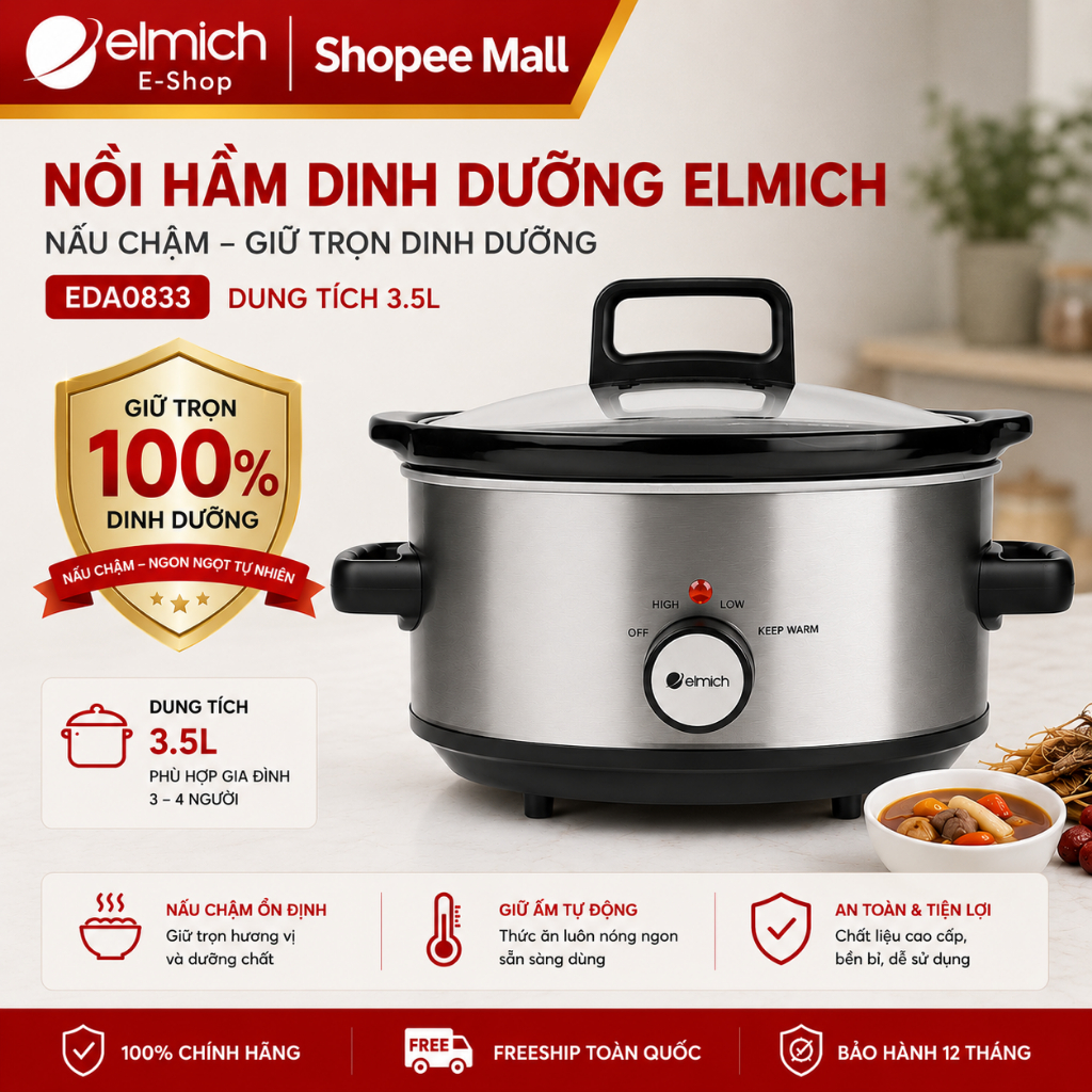 Nồi hầm dinh dưỡng elmich EDA0833 dung tích 3.5L nồi nấu chậm lòng sứ ceramic giữ ấm hầm cháo | BigBuy360 - bigbuy360.vn