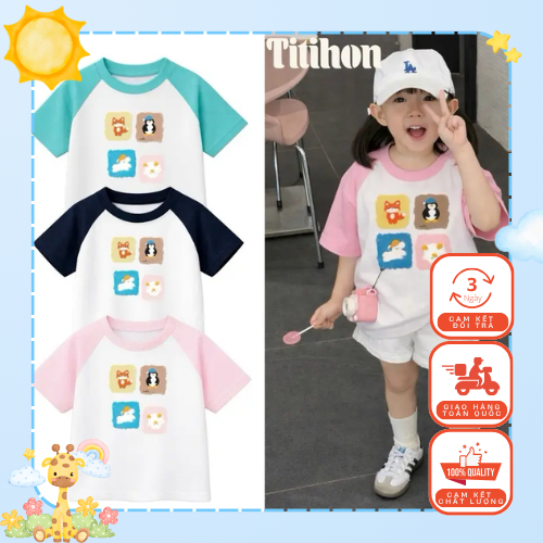 [A001] TITIHON - (CHỈ BÁN ÁO) Áo Phông Trẻ Em Ragland Phối Tay Trơn Chất Cotton Mềm Mịn | Hình In Cực Xinh, Form Rộng