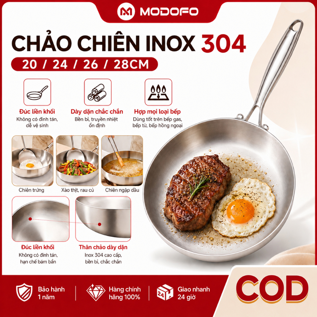 MODOFO Chảo Inox 304 20/24/26/28cm, Chảo Chiên 3 Lớp Không Phủ Chống Dính, Dùng Bếp Từ/Bếp Gas