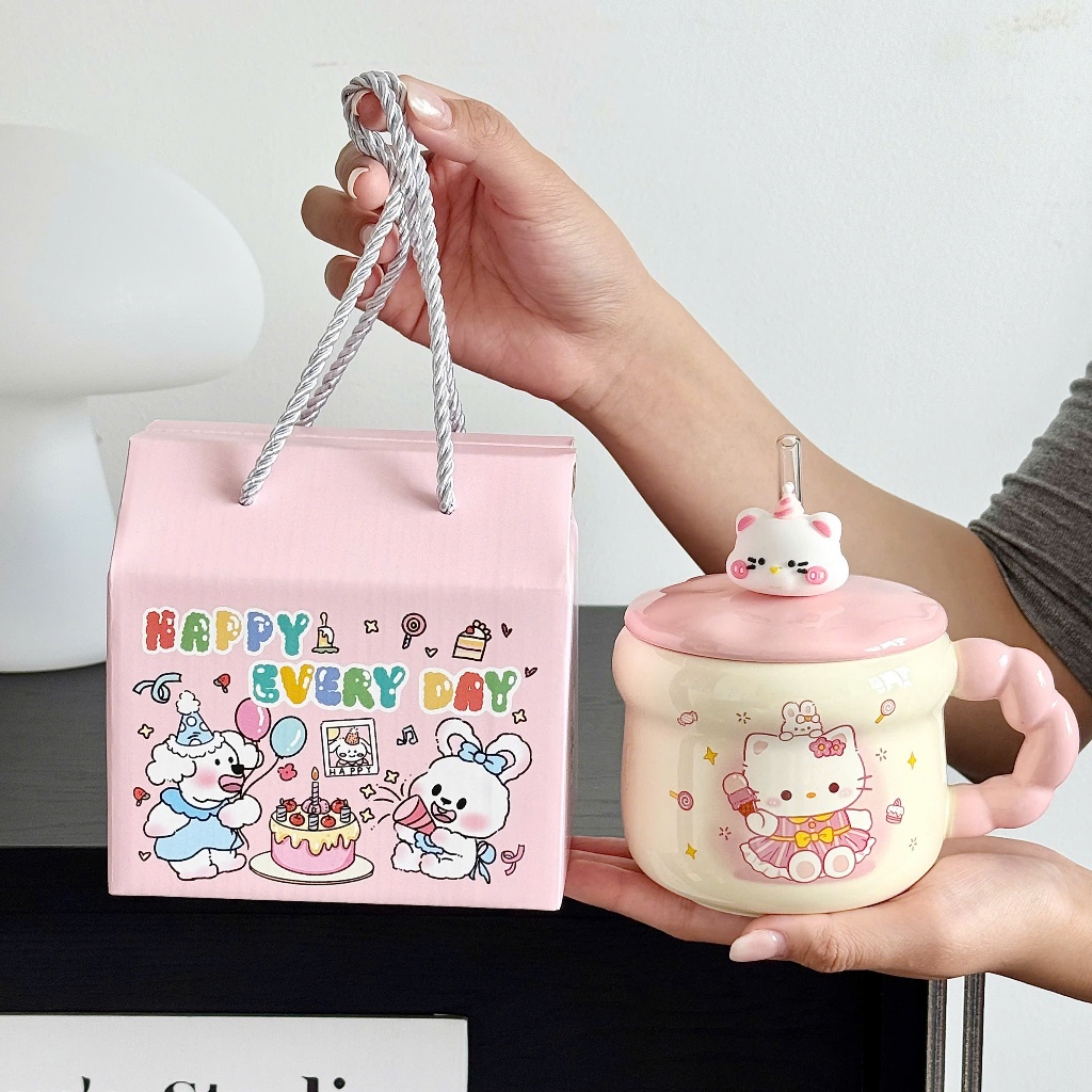 ly sứ cốc sứ quà tặng mèo kitty hồng cute 400ml có nắp, muỗng, ống hút, hộp quà sinh nhật KTM-05