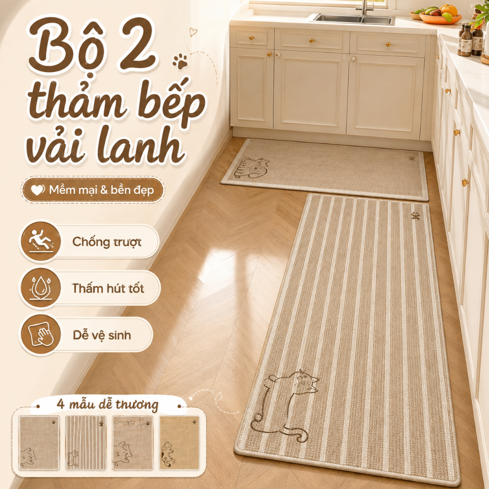 Bộ 2 Thảm Bếp Dài Vải Lanh Chống Trượt Hình Mèo, Sợi Dệt Lanh Thấm Hút Dầu Mỡ Phong Cách Tối Giản
