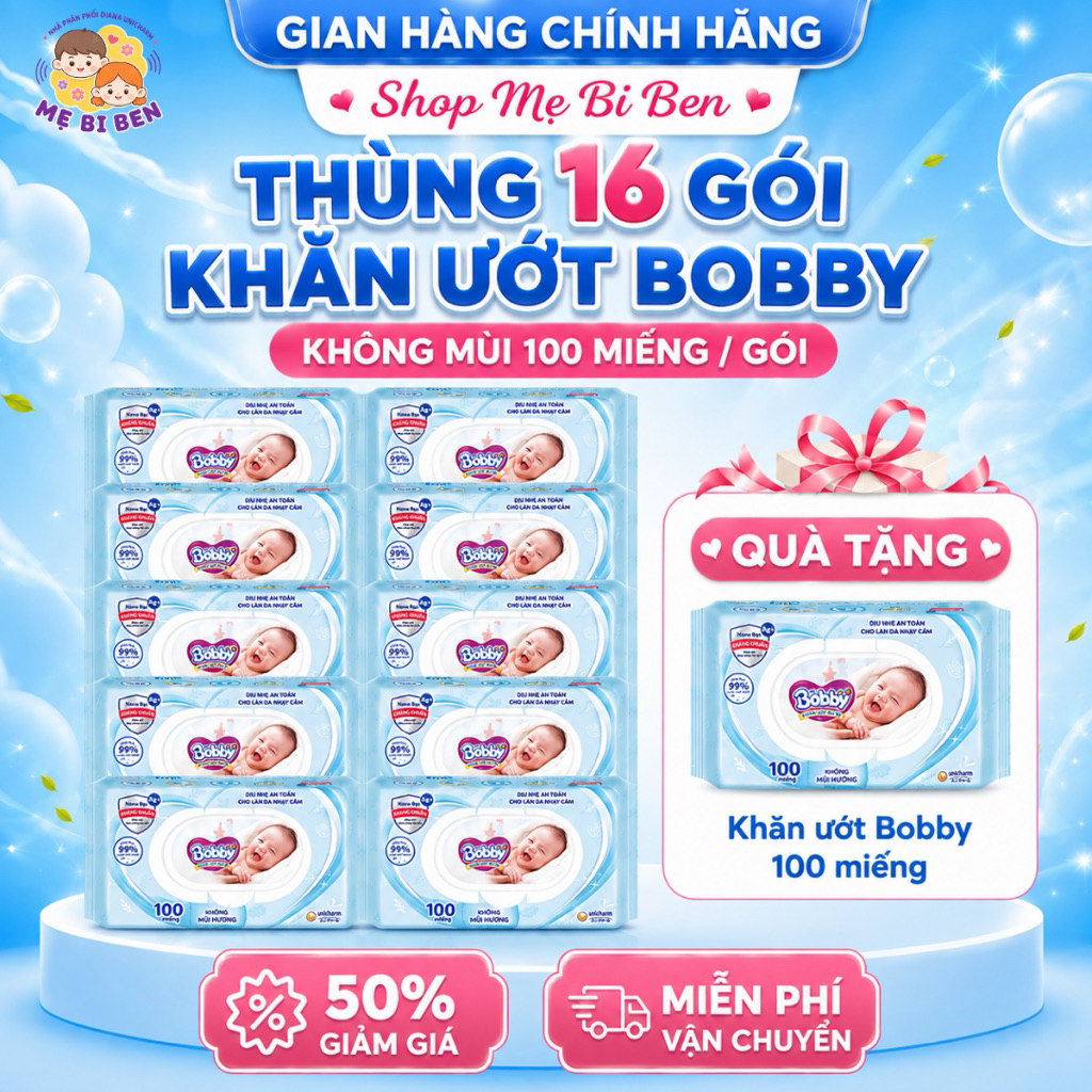 [THÙNG 16 GÓI] Khăn ướt Bobby 100 tờ không mùi / có mùi kháng khuẩn tinh khiết dịu nhẹ, Giấy ướt chính hãng an toàn