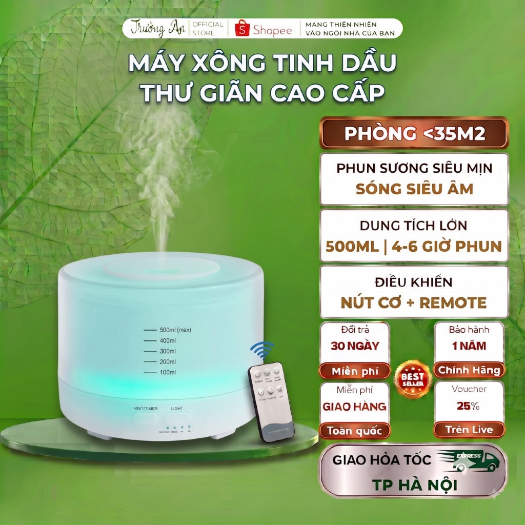 Máy Xông Tinh Dầu Khuếch Tán Phun Sương 550ml – Phiên Bản Sương Mờ Có Remote, Tự Tắt An Toàn