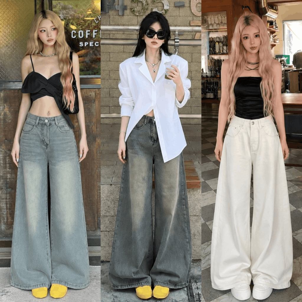 Quần Jean Nữ Trắng Xanh Suông Ống Rộng 33CM Cạp Cao Dáng Dài Quần Jean Denim Mềm Suông Unisex Bigsize