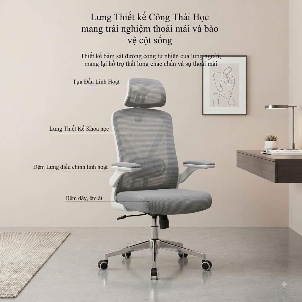 MIA FURNITURE Ghế Công Thái Học Mia 05 Lưng kép, Tựa đầu linh hoạt, Xoay 360, Lưng kép thế hệ mới