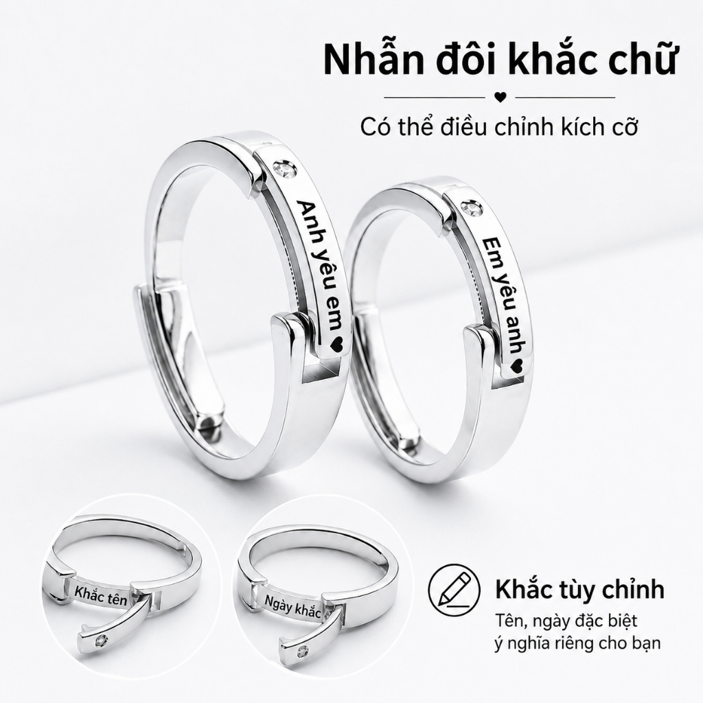 Nhẫn Đôi Nam Nữ Khắc Tên Theo Yêu Cầu Thiết Kế Mở Điều Chỉnh Size Nhẫn Cặp Quà Tặng Cặp Đôi Valentine Thời Tra
