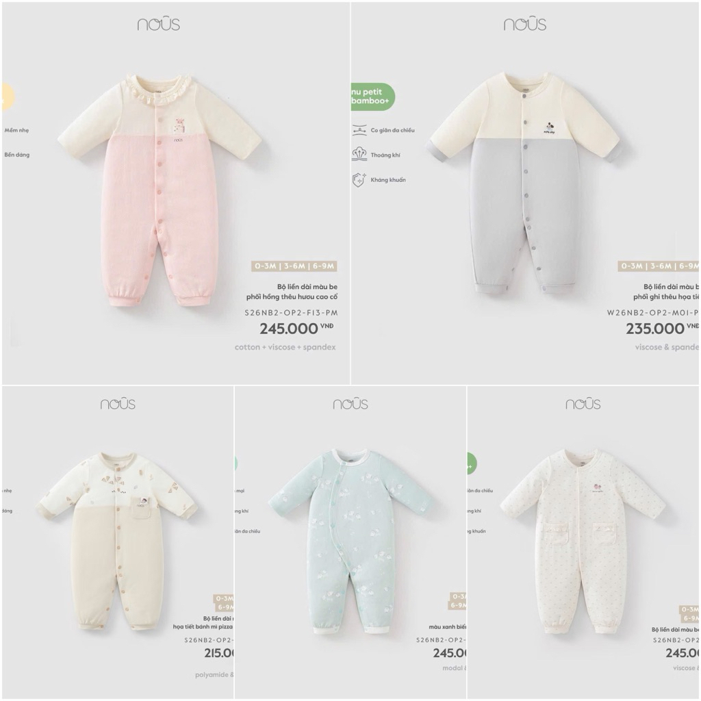 NOUS MỚI Bộ liền dài không tất hồng/be có size cho bé từ sơ sinh