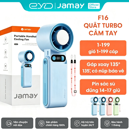 JAMAY F16 Quạt Cầm Tay Mini turbo 199 Tốc Độ Gió Siêu Mạnh Pin 10000mAhQuạt Sò Lạnh Gập Gọn 135 Độ