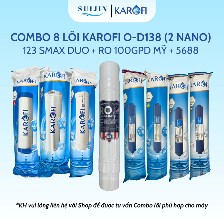 Combo 8 Lõi Lọc Nước Karofi Cho Máy O-D138 Gồm Lõi 123 Smax Duo - Màng RO Mỹ 100GPD - Lõi Chức Năng T33 Mineral 2Nano