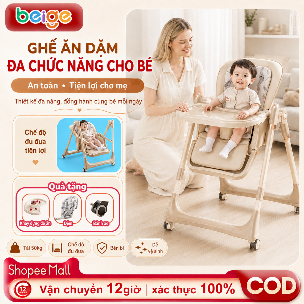 Ghế ăn dặm cho bé năngr thiết kế 2 trong 1 xích đu và ghế ăn gấp gọn,ngả 4 nấc cho bé-Nâng hạ độ cao