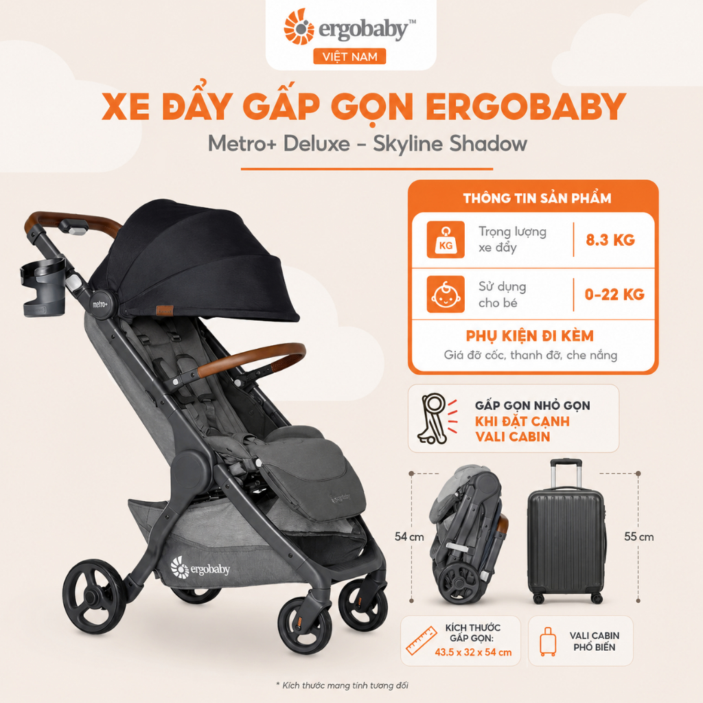 Xe đẩy gấp gọn Ergobaby Metro+ Deluxe êm ái, đầy đủ phụ kiện đi kèm, nhỏ gọn, dễ dàng mang theo