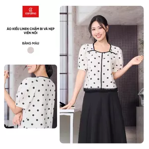 Áo kiểu nữ CARDINA chất liệu linen chấm bi cổ và nẹp phối viền 6AKC50