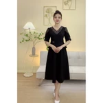 Đầm xòe trung niên cho mẹ - Cổ tim tay ngắn - Đen - TTV2109 — ảnh 4