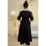 Đầm xòe trung niên cho mẹ - Cổ tim tay ngắn - Đen - TTV2109 — ảnh 5