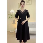 Đầm xòe trung niên cho mẹ - Cổ tim tay ngắn - Đen - TTV2109 — ảnh 2