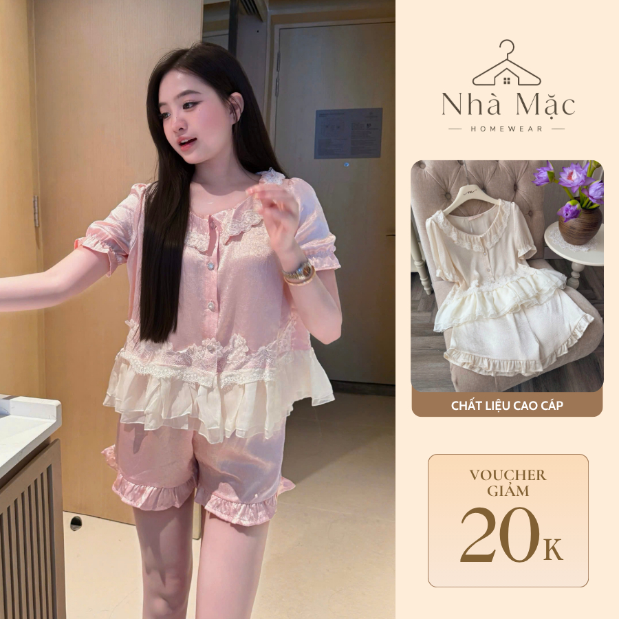 Bộ mặc nhà cao cấp nữ mùa hè, bộ đồ ngủ nữ áo cộc quần cộc, set đùi cổ sen ren chất lụa mềm mát 1331-1