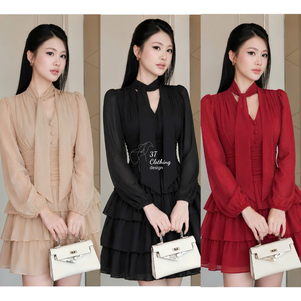 [3T CLOTHING] Đầm Váy Nữ Tơ Óng Vân 2 Lớp Cổ Nơ Tay Dài, Đầm Xòe Xếp Ly Eo Tôn Dáng, Váy Dự Tiệc BigSize 40–70kg B86