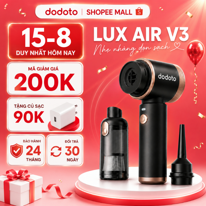 Máy hút bụi cầm tay dodoto Lux Air V3 mini không dây, hút bụi giường nệm, ô tô, Bảo hành 24 tháng