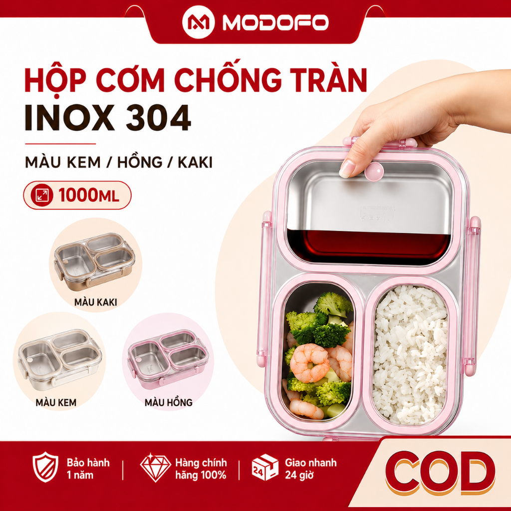 【1000ML】MODOFO Hộp cơm inox 304 3 ngăn cách ly,dung tích lớn,an toàn lò vi sóng, dùng cho học sinh sinh viên văn phòng