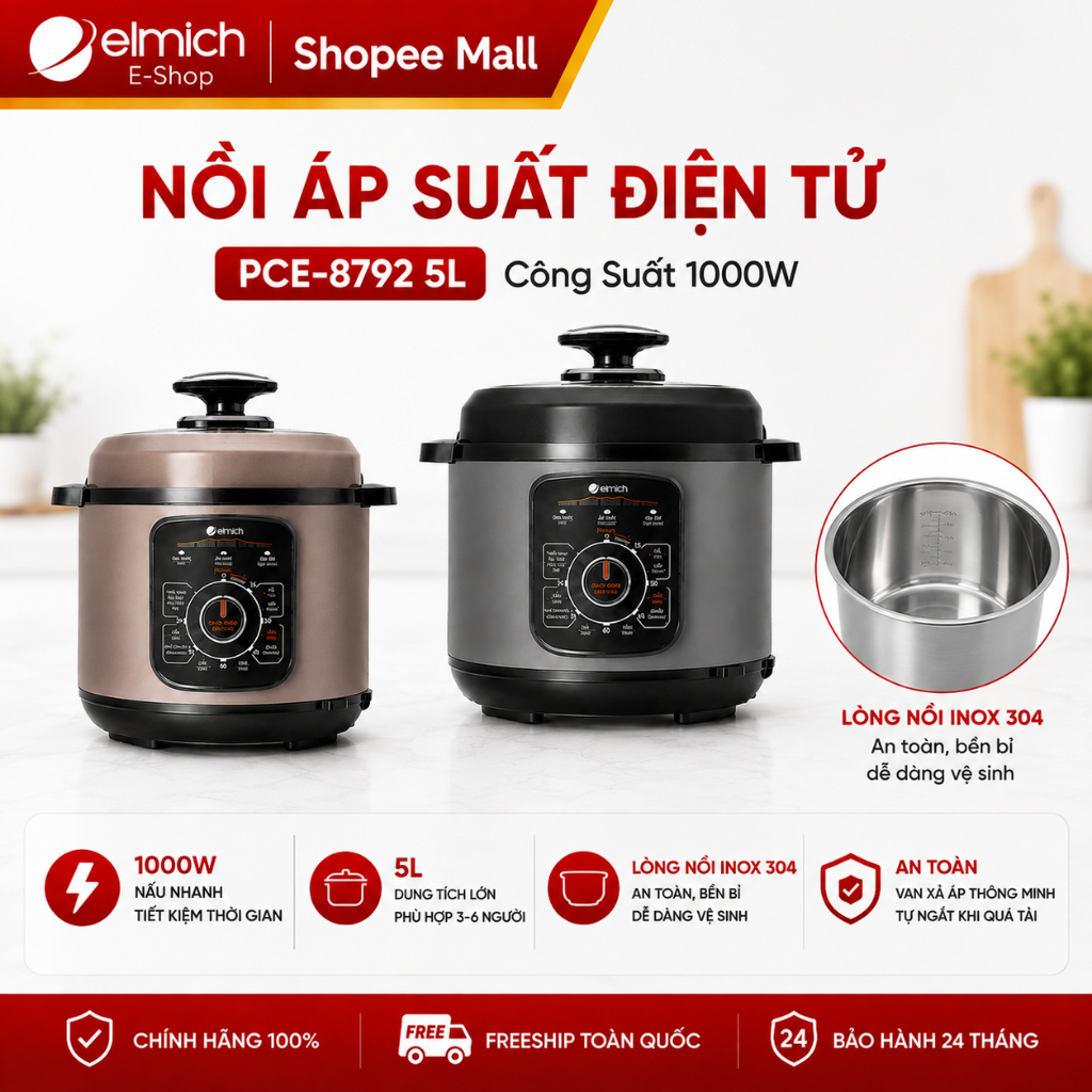 Nồi Áp Suất Điện Elmich PCE-8792 | 5L, 1000W, Lòng Inox 304 – Elmich Chính Hãng