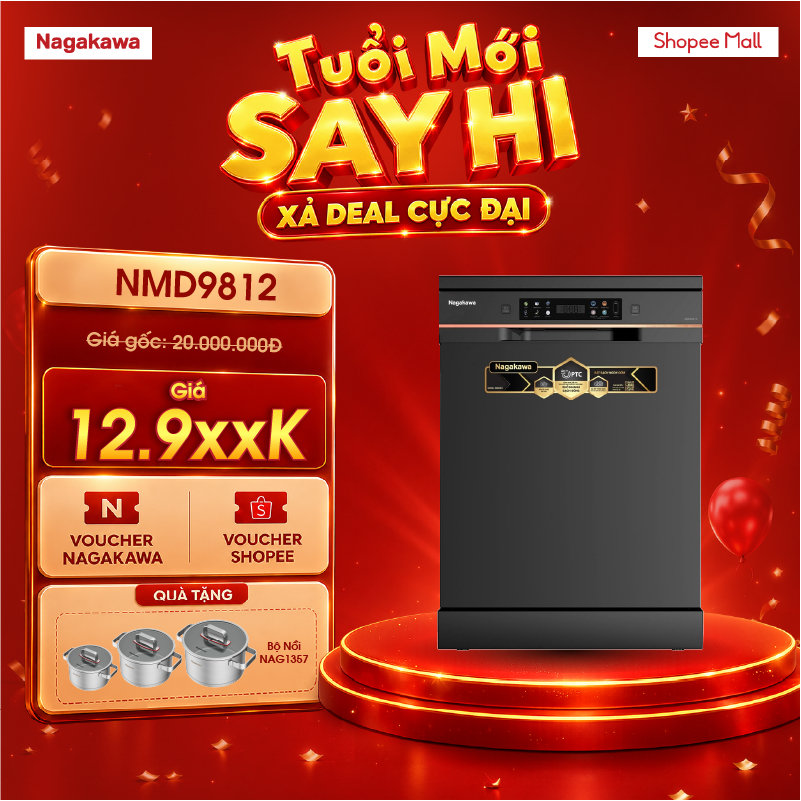 Máy Rửa Bát Nagakawa NMD9812 16 Bộ Sấy PTC Double Fan Triple Wash 3 Giàn Rửa Diệt Khuẩn Bảo Hành 2 Năm | BigBuy360 - bigbuy360.vn