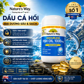 Viên Uống Dầu Cá Không Mùi Nature's Way Odourless Fish Oil 1000mg - Bổ Sung Omega 3, Bổ Mắt, Tốt Cho Tim Mạch