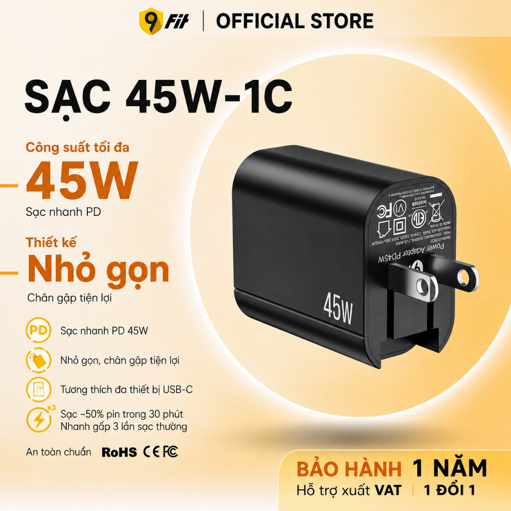 Củ Sạc Nhanh 9FIT 45W Type-C Hỗ Trợ Sạc Nhanh PD - Bảo Hành 1 Năm