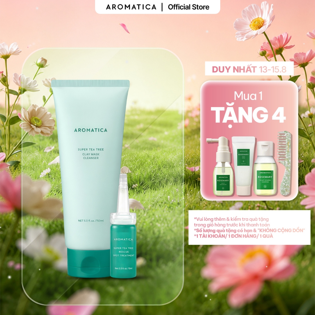 Bộ Đôi Chăm Sóc Da Dầu Mụn AROMATICA Tea Tree Clay Mask Cleanser 150ml & Chấm Mụn Rescue Spot Treatment 10ml
