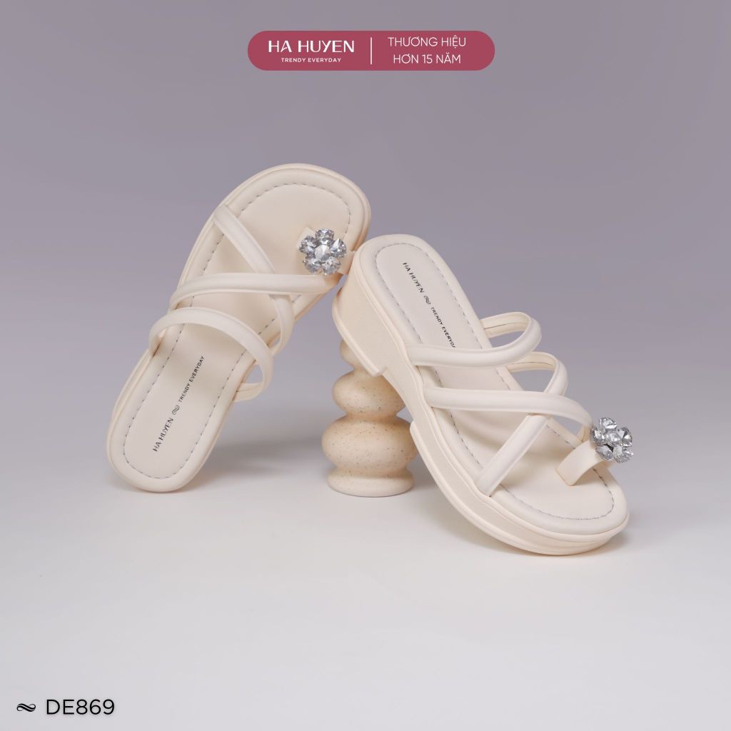 Dép 5cm xỏ ngón nữ HÀ HUYỀN, Dép đi biển 5 phân da lì xỏ ngón độn đế - DE869