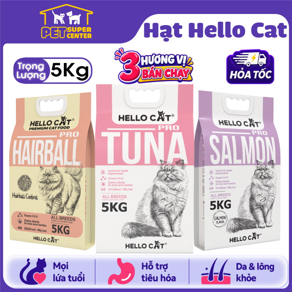 Hạt Mèo Hello Cat 5KG Cho Mọi Lứa Tuổi - Tuna Salmon Hairball