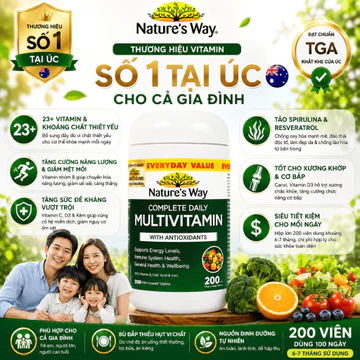 [Chính Hãng Úc] Vitamin Tổng Hợp Nature's Way Complete Daily Multivitamin (200 Viên) - Bổ Sung 23 Vitamin & Khoáng Chất