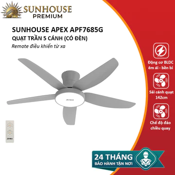 Quạt trần có đèn SUNHOUSE APEX APF7685G quạt 5 cánh, remote điều khiển - Bảo hành 24 tháng