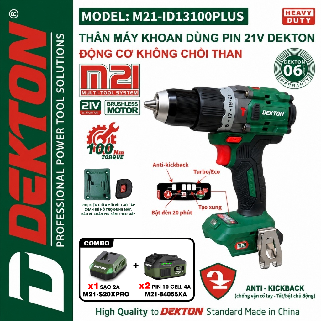 Máy khoan pin DEKTON M21-ID13100PLUS, 100N.M, Không chổi than, Anti kickback, Tạo xung, Autolock