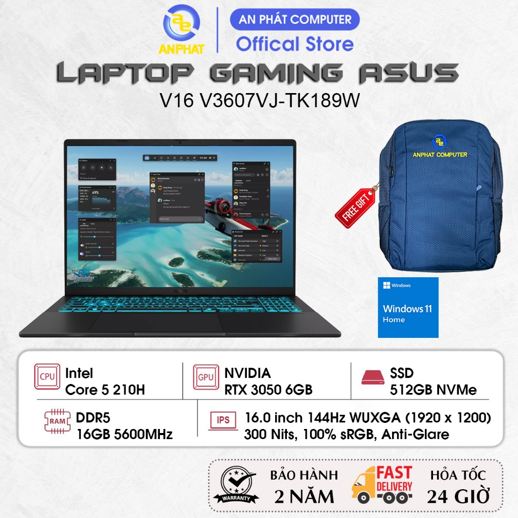 Laptop ASUS Gaming V16 V3607VJ-TK189W, Core 5 210H, RTX 3050 6GB, 16GB RAM, 512GB SSD, 16.0 FHD+ 144Hz, Win11