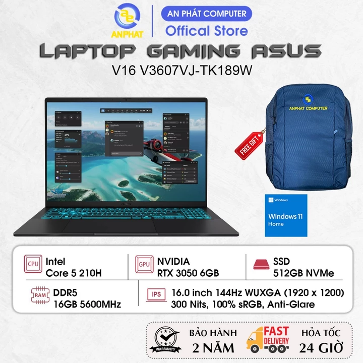 Laptop ASUS Gaming V16 V3607VJ-TK189W, Core 5 210H, RTX 3050 6GB, 16GB RAM, 512GB SSD, 16.0 FHD+ 144Hz, Win11