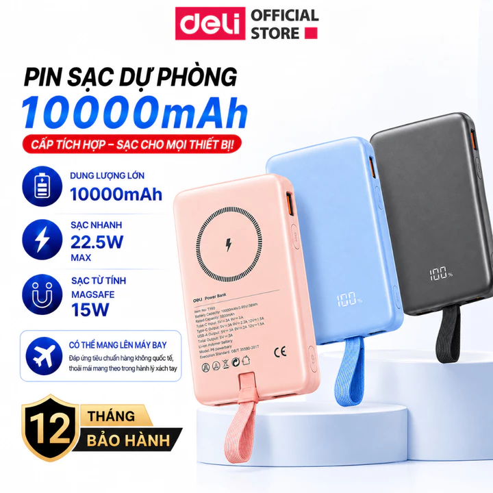 Sạc dự phòng không dây Deli 10000mAh Sạc Nhanh 22,5W Sạc MagSafe Từ Tính Tích Hợp Dây Đeo Cáp Sạc cho Điện Thoại AirPods