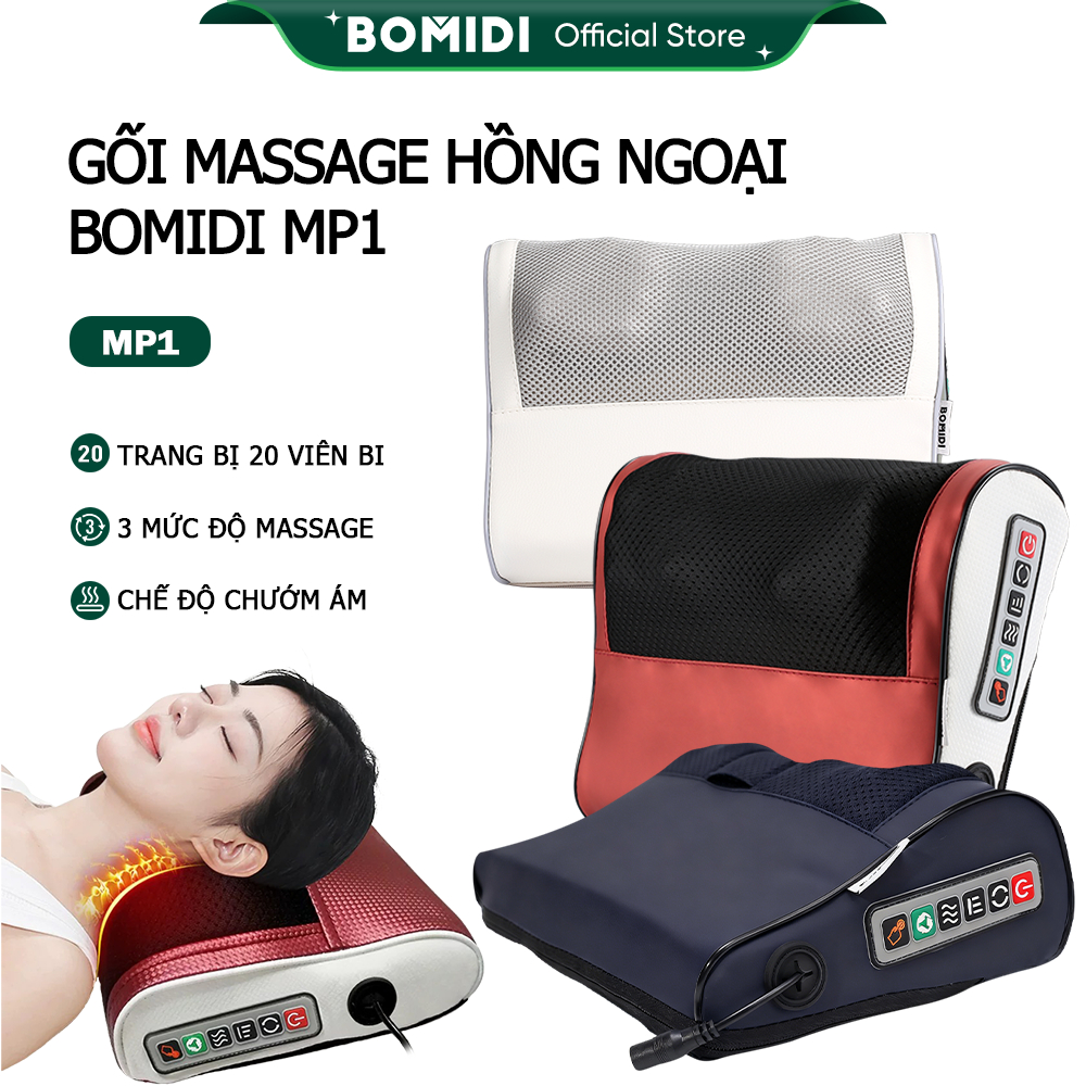 【 Hàng Sẵn】Gối Massage Hồng Ngoại Bomidi MP1- 20 Bi Trị Liệu , Mát Xa Cổ, Lưng, Vai Gáy , 3 chế độ