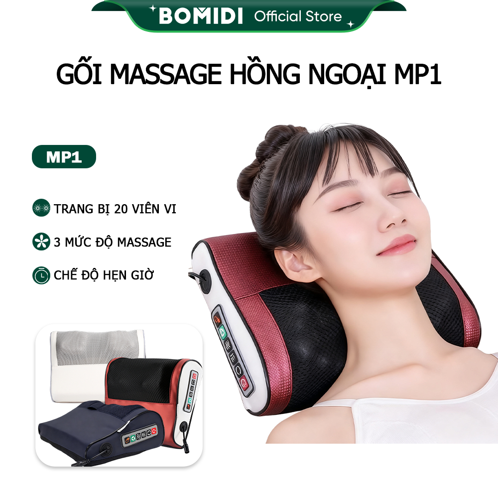 Gối Massage Hồng Ngoại Bomidi MP1- 20 Bi Trị Liệu , Mát Xa Cổ, Lưng, Vai Gáy , 3 chế độ