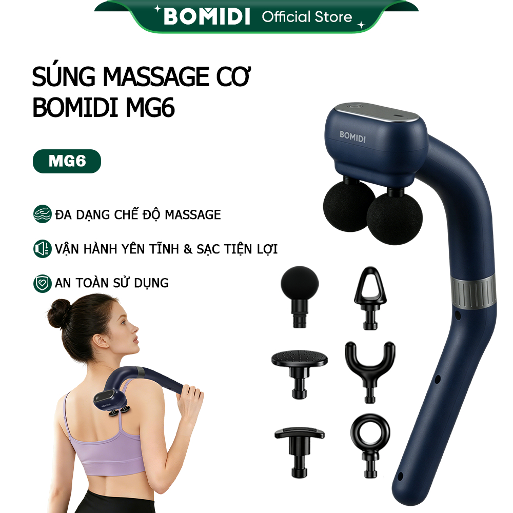 Súng Massage Cơ Cánh Tay BOMIDI MG6 | 6 Cấp Rung 6 Đầu Massage Tay Cầm Tháo Lắp 3 Kiểu