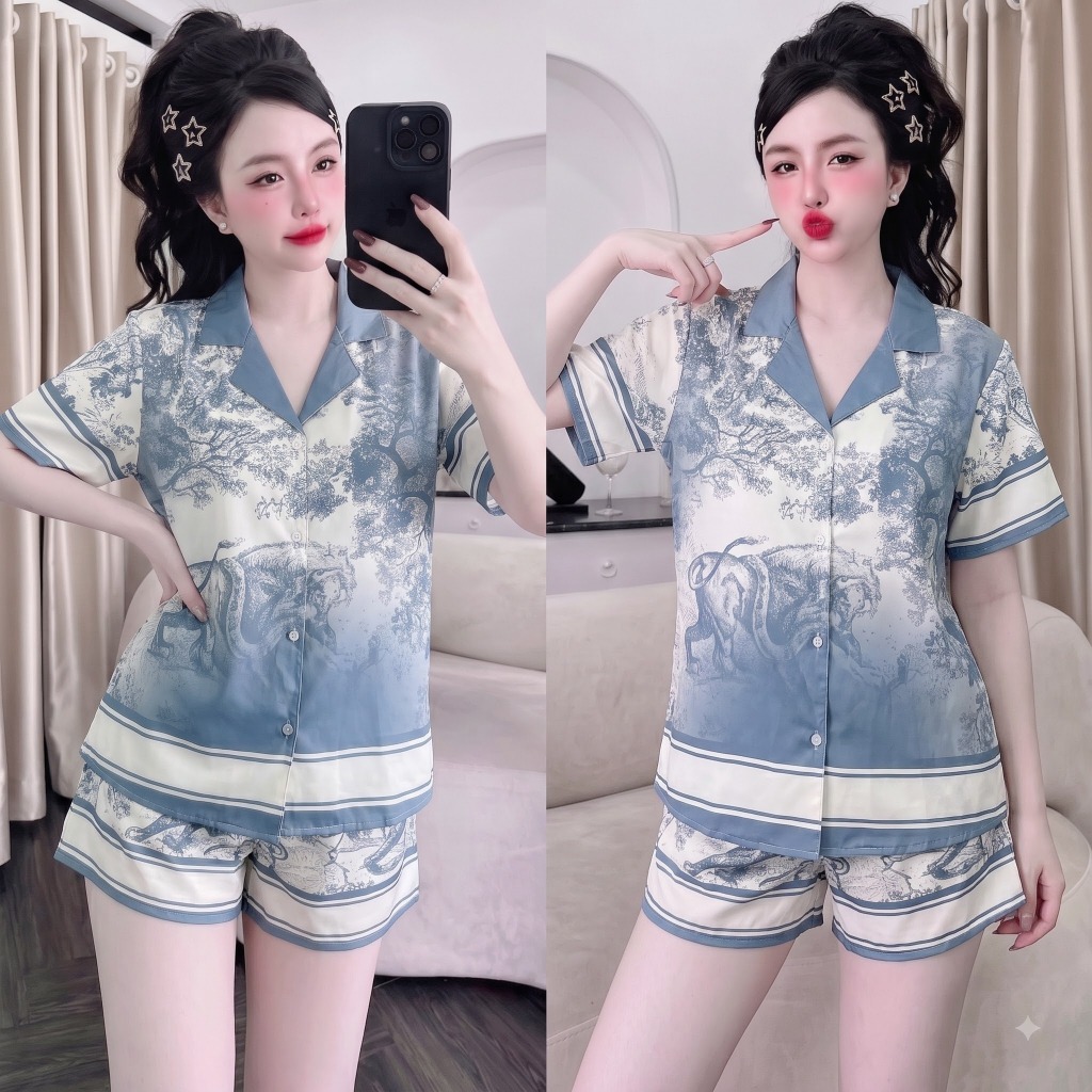 Bộ Pijama Lụa Cát Đùi Đồ Bộ Ngủ Nữ Mặc Nhà Cộc Tay Quần Ngắn Hoạt Hình Dễ Thương Cute Mát Mịn