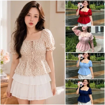 Áo Bigsize Nữ Babydoll Tay Phồng Kiểu Dáng Peplum Nhún Eo Che Bụng Chất Cotton Hot Trend 50-95kg Mã A103 Noel Tết