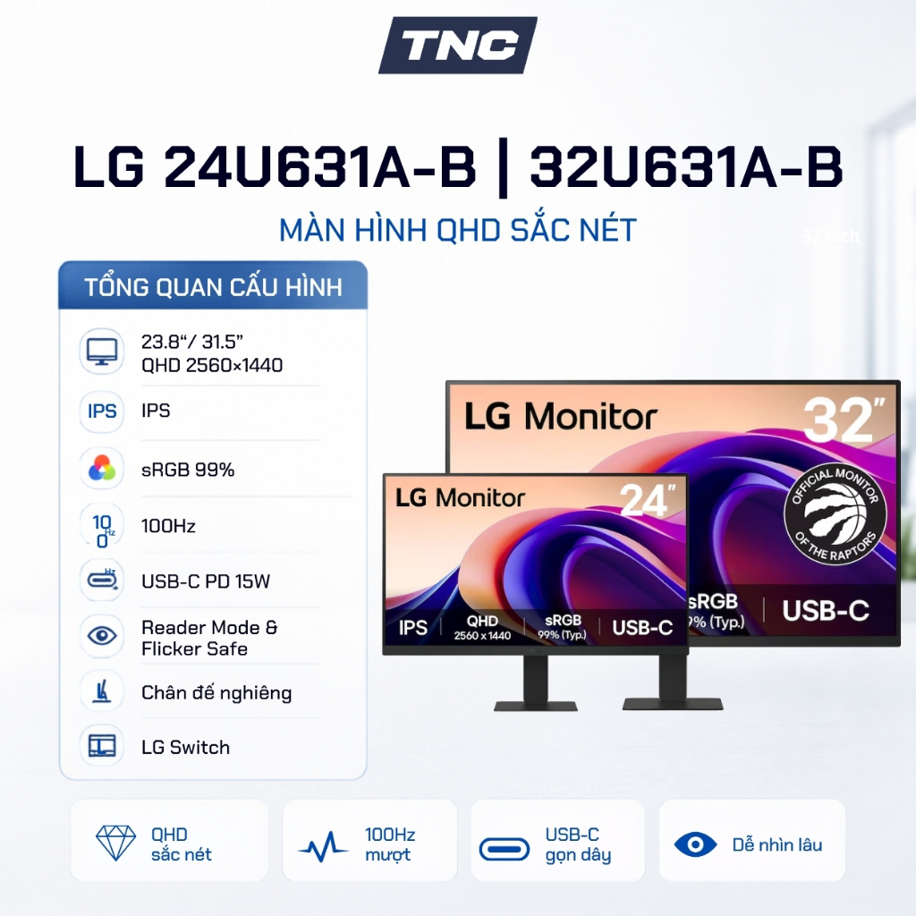 Màn Hình LG 24U631A-B | 32U631A-B 24Inch | 32Inch/ IPS/ QHD/ 100Hz/ 5ms/ USB-C - Bảo Hành 2 Năm