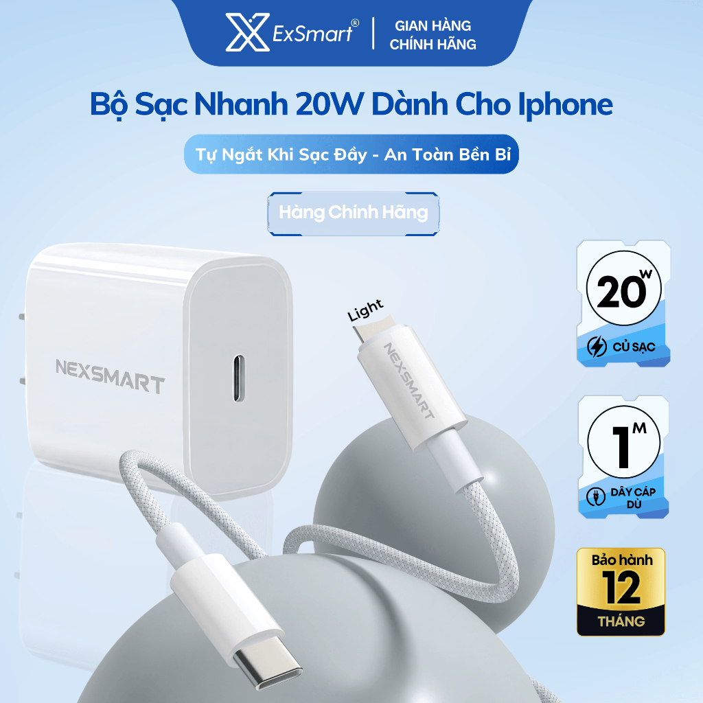 Bộ Củ Cáp Sạc Nhanh 20W Exsmart Củ Sạc PD20W Dây Bọc Dù Tự Ngắt Khi Sạc Đầy chống gãy gập An Toàn Ổn Định Bảo Vệ Máy