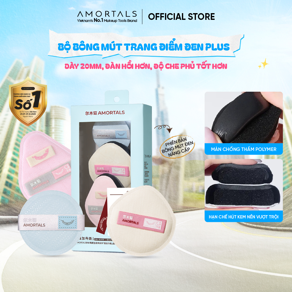 Bộ Bông Mút Trang Điểm Plus Đen Amortals – Mút Rubycell Dày 20mm, Che Phủ Cao, Không Hút Kem, Kèm Mút Phấn Phủ