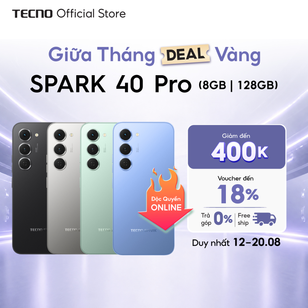 Điện thoại TECNO SPARK 40 PRO (8+8)GB/128GB - Màn hình AMOLED 1.5K & 144Hz | Mỏng 6.69mm | 5200mAh sạc 45W