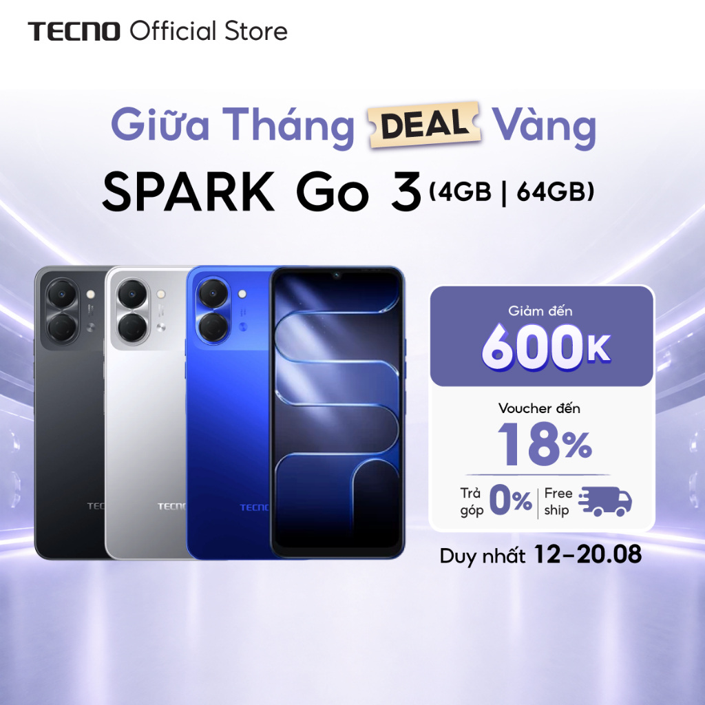 Điện thoại TECNO SPARK Go 3 (4+4)GB/64GB – Pin 5000mAh | Freelink 2.0 | IP64 | TECNO AI | Màn hình 6.75” 120Hz