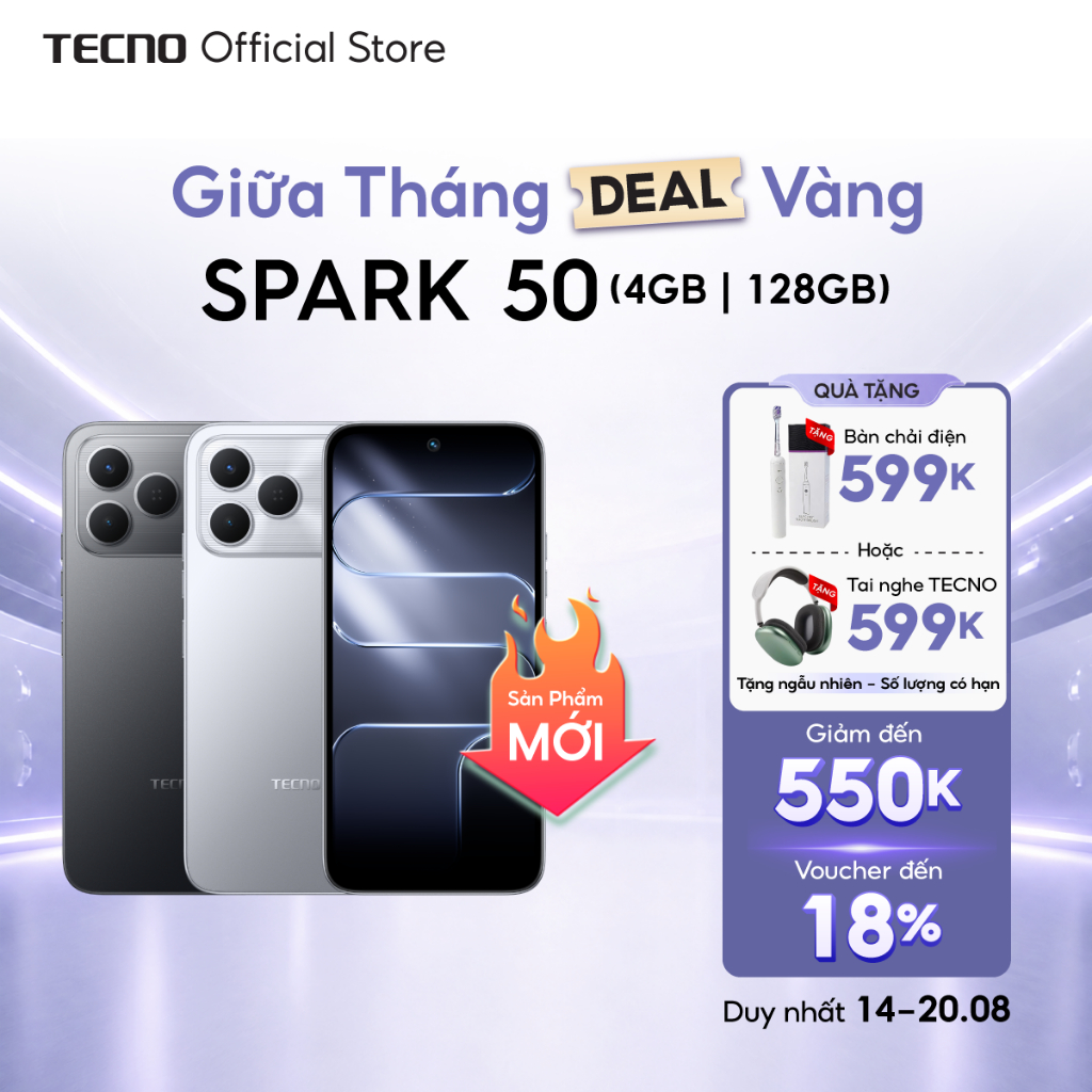 Điện thoại TECNO SPARK 50 (4+8)GB/128GB – Pin 6700mAh | Camera AI 50MP | IP64 | Màn hình 6.78” 120Hz | NFC