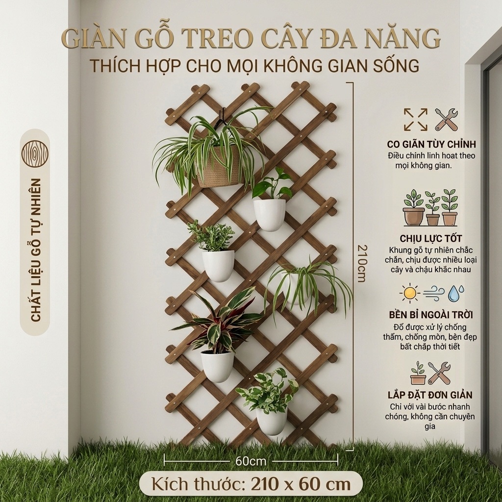 Khung Giàn gỗ treo ban công leo hoa hồng, treo chậu cây, hàng rào gỗ co giãn điều chỉnh